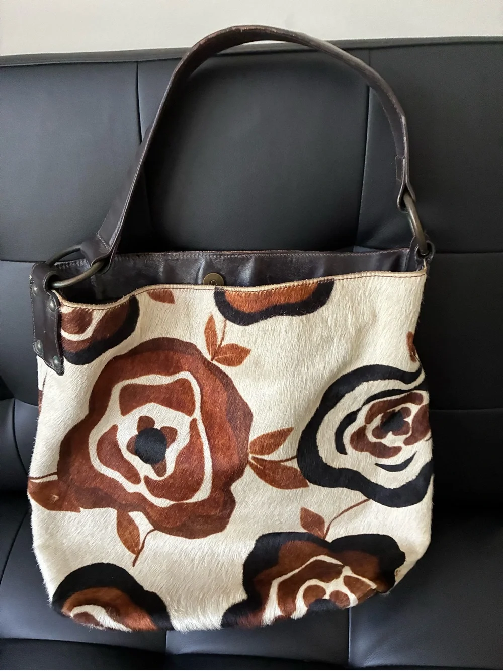 Maurizio Taiuti Cow Hide Cream Tote with Brown and Black Floral Print